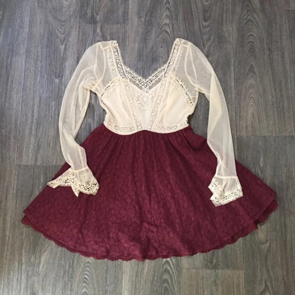 Free People Long Sleeve Ivory Red Tulle Dress